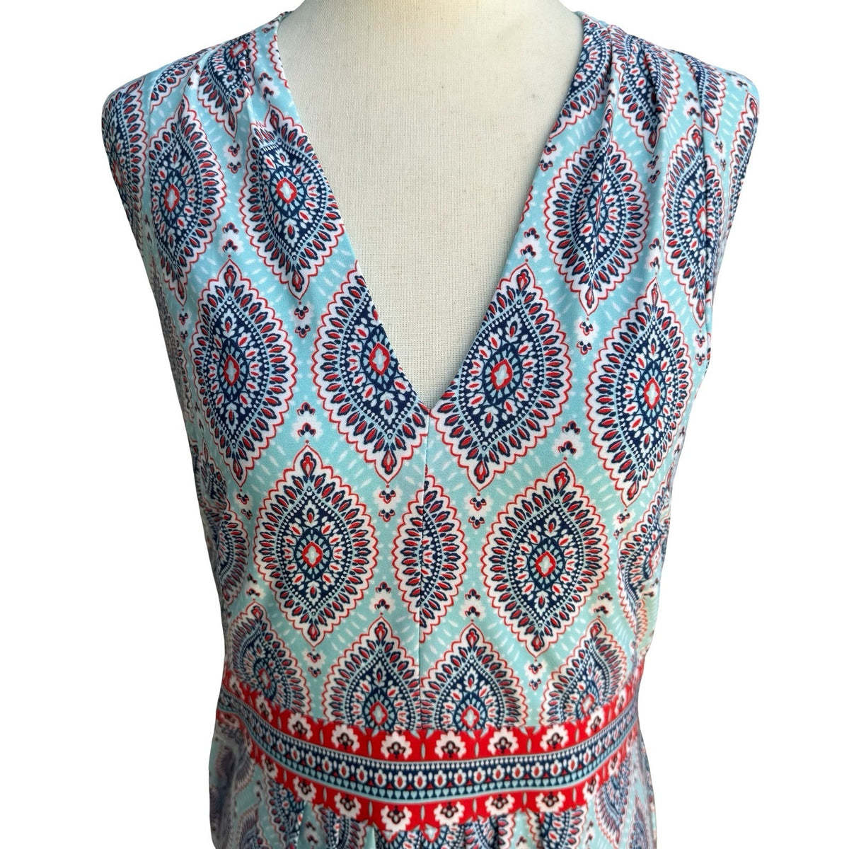 R&K Boho Resortwear Paisley V-Neck Sleeveless Empire Waist Flowy Maxi Dress 16P