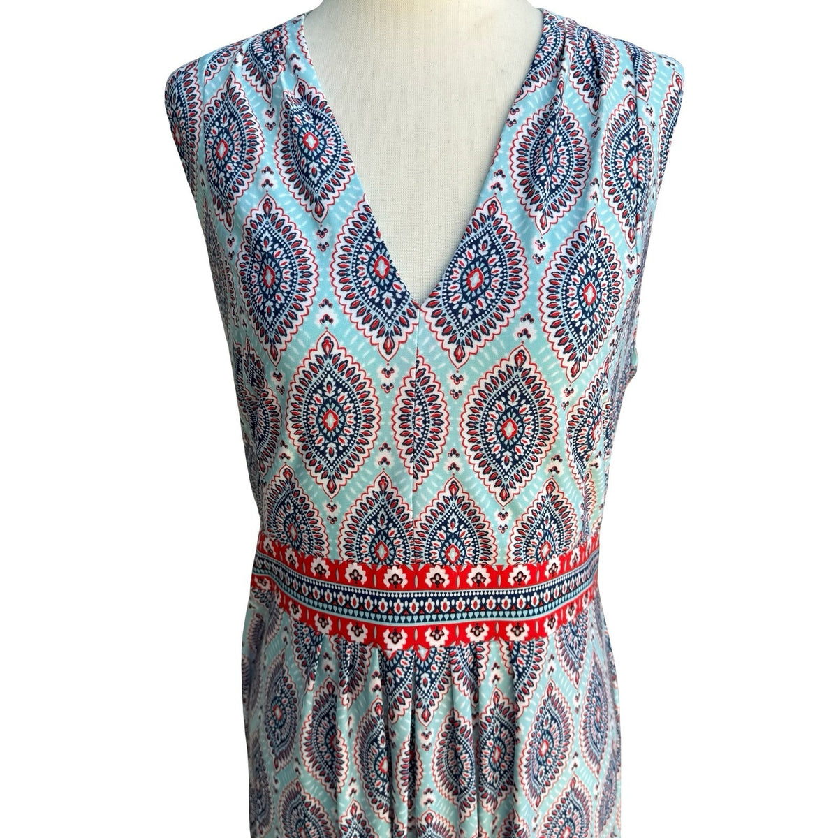 R&K Boho Resortwear Paisley V-Neck Sleeveless Empire Waist Flowy Maxi Dress 16P