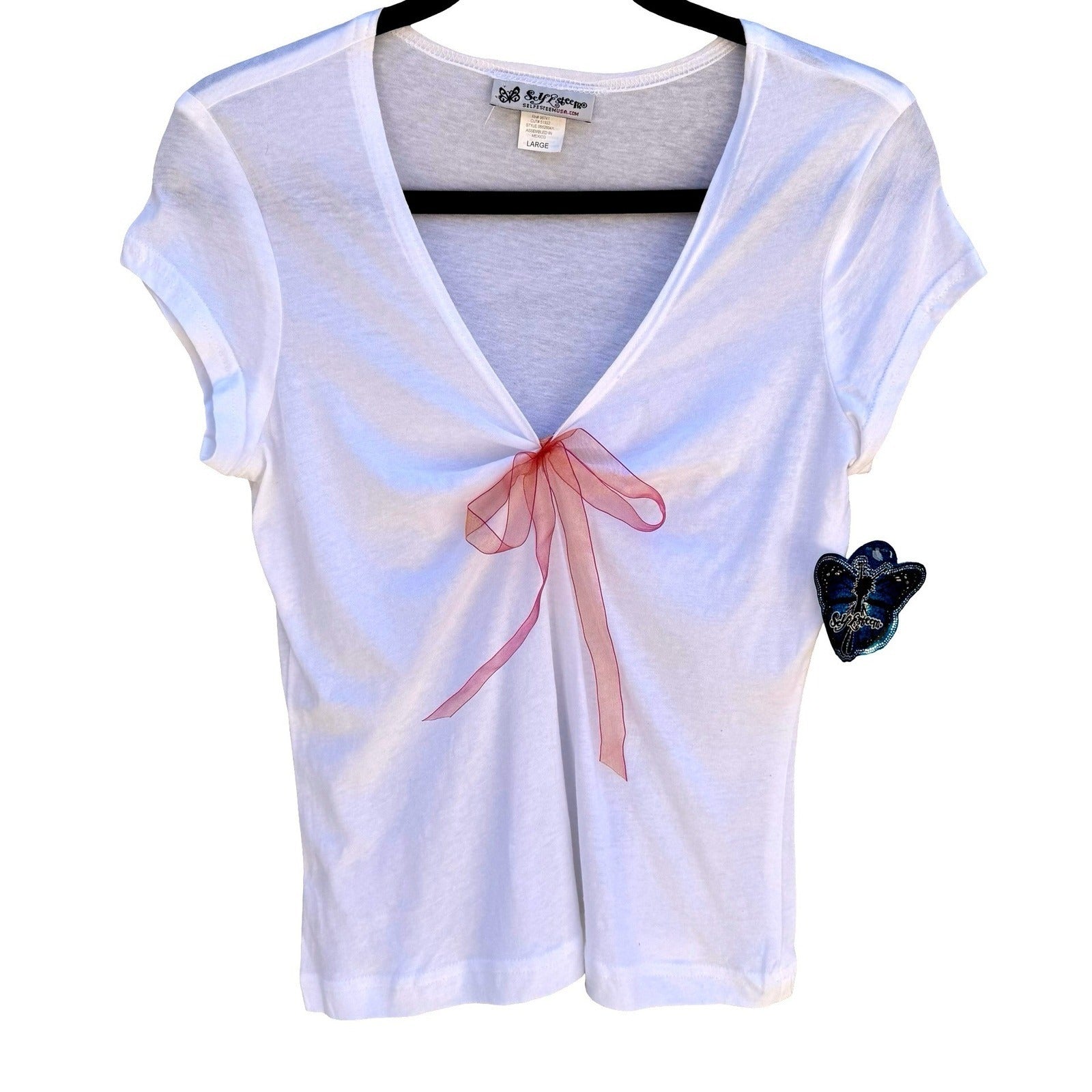 Self Esteem Y2K White V-Neck Coquette Baby Tee Pink Organza Bow Cap Sleeve L NEW