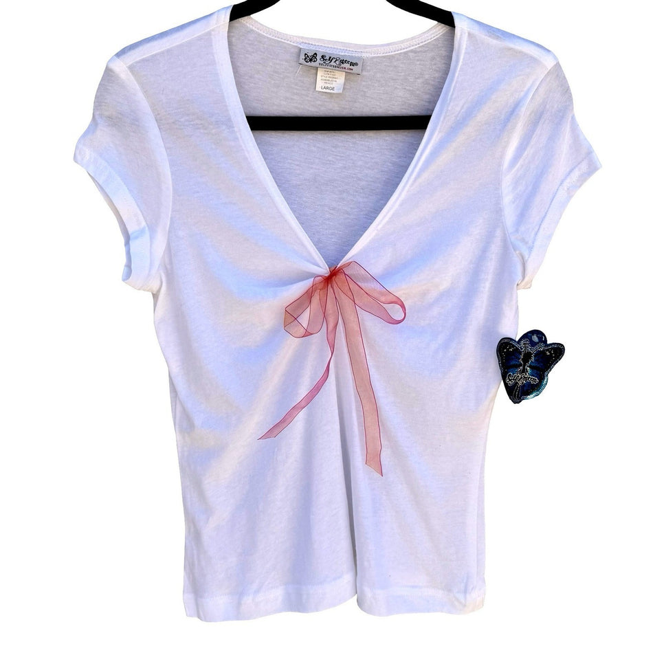 Self Esteem Y2K White V-Neck Coquette Baby Tee Pink Organza Bow Cap Sleeve L NEW