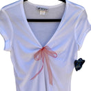 Switch Self Esteem Y2K White V-Neck Coquette Baby Tee Pink Organza Bow Cap Sleeve L NEW 3 image