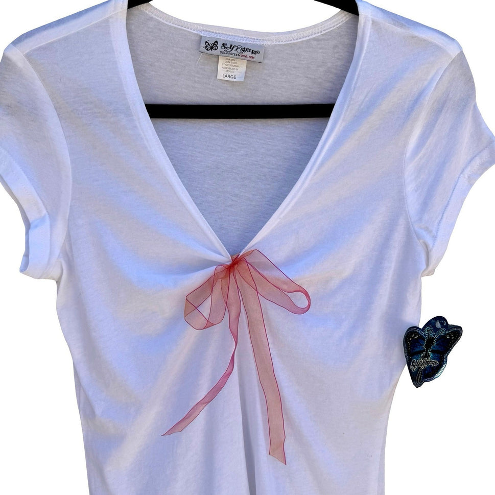 Self Esteem Y2K White V-Neck Coquette Baby Tee Pink Organza Bow Cap Sleeve L NEW