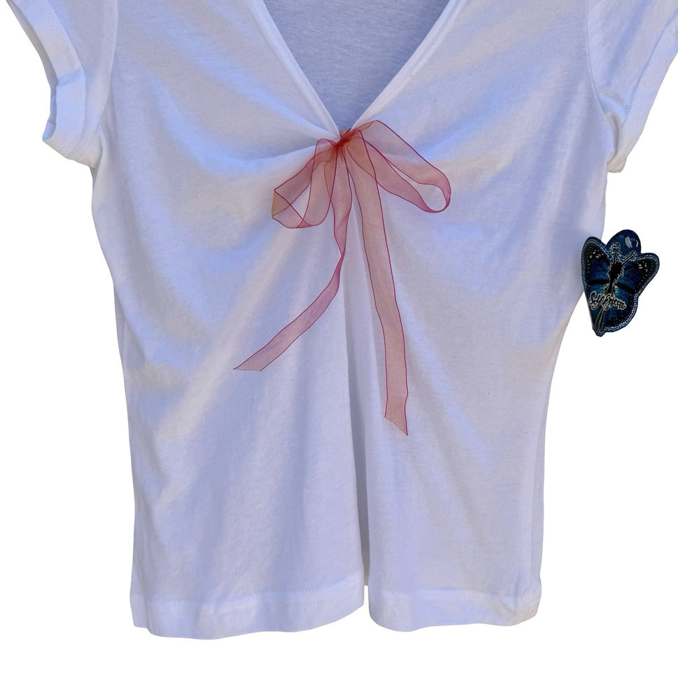 Self Esteem Y2K White V-Neck Coquette Baby Tee Pink Organza Bow Cap Sleeve L NEW