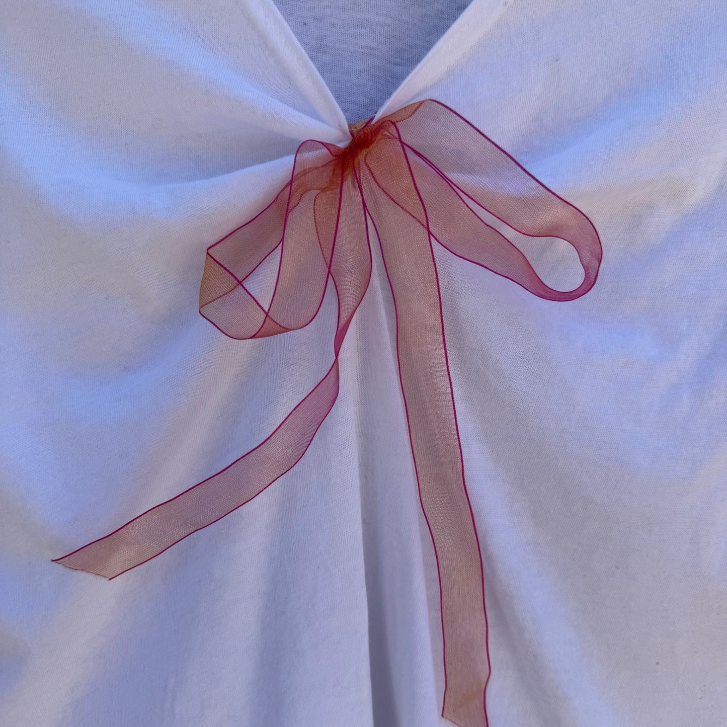 Self Esteem Y2K White V-Neck Coquette Baby Tee Pink Organza Bow Cap Sleeve L NEW