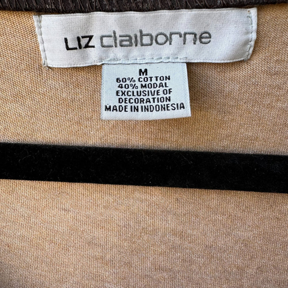 Liz Claiborne Vintage Y2K Womens Beige V-Neck Babydoll Cap Sleeve Shirt Top M