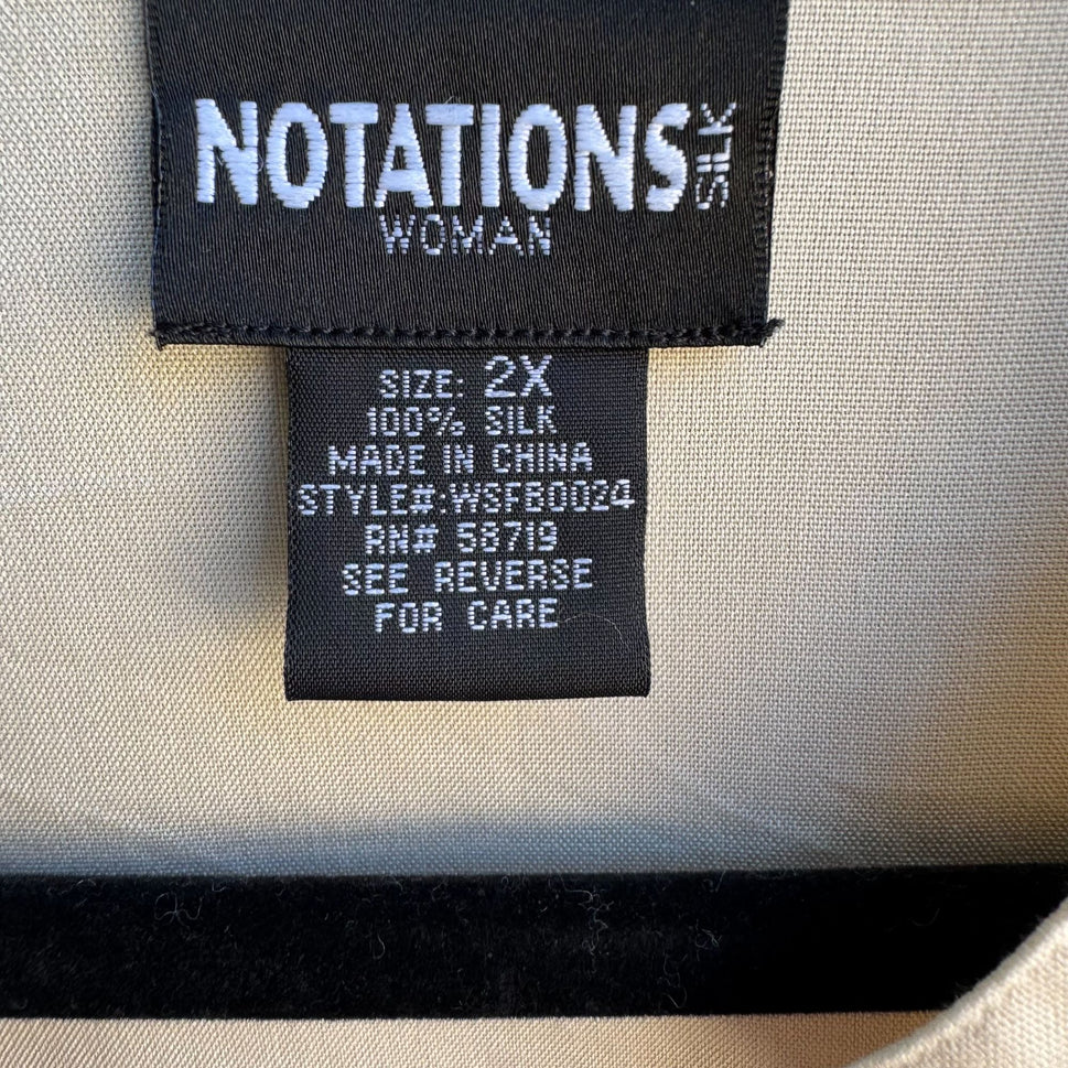 Notations Womens Silk Mandarin Collar Beige 3/4 Sleeve Button-Up Shirt Blouse 2X