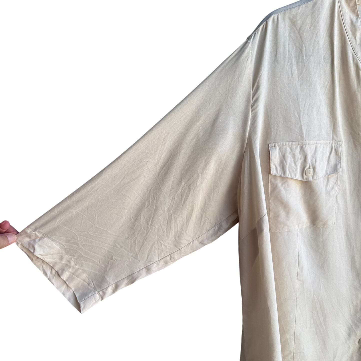 Notations Womens Silk Mandarin Collar Beige 3/4 Sleeve Button-Up Shirt Blouse 2X