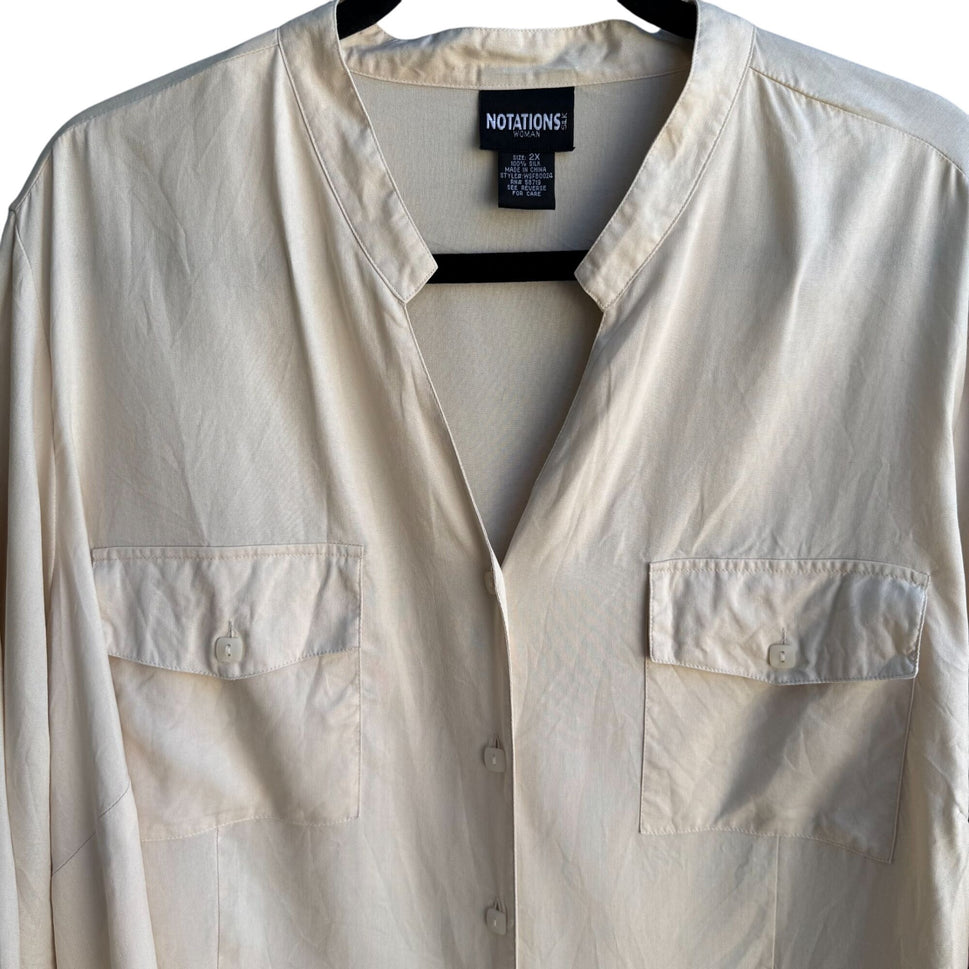 Notations Womens Silk Mandarin Collar Beige 3/4 Sleeve Button-Up Shirt Blouse 2X