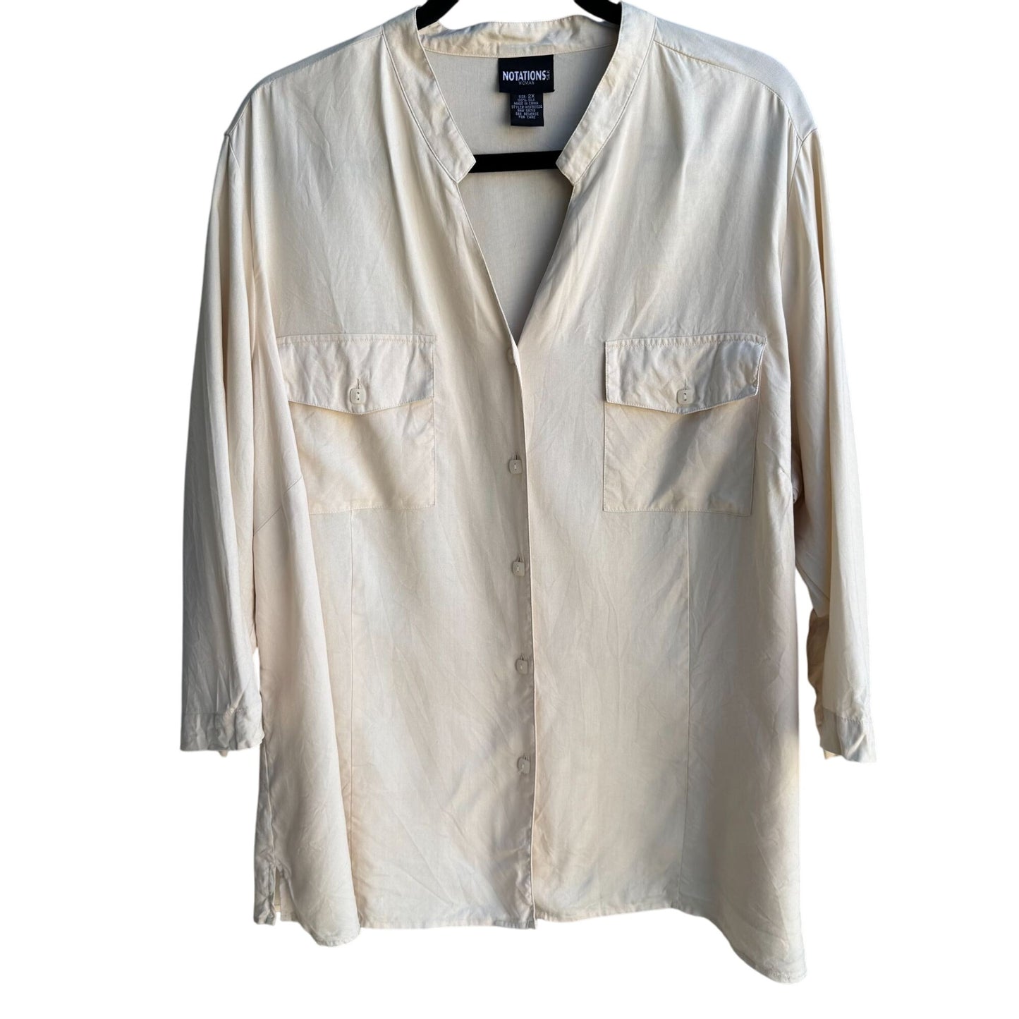 Notations Womens Silk Mandarin Collar Beige 3/4 Sleeve Button-Up Shirt Blouse 2X