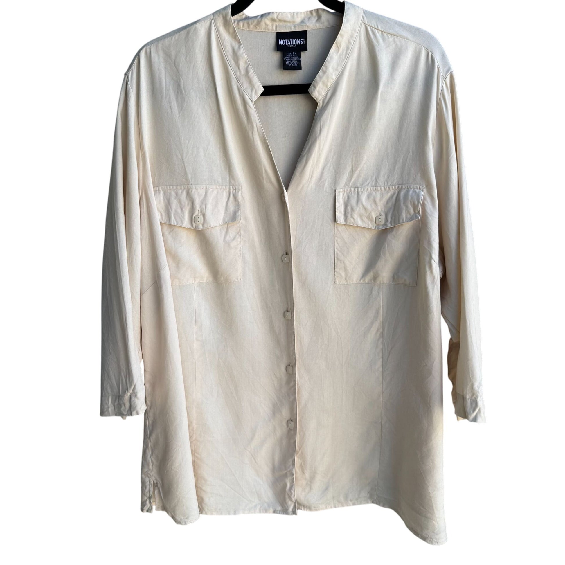 Notations Womens Silk Mandarin Collar Beige 3/4 Sleeve Button-Up Shirt Blouse 2X