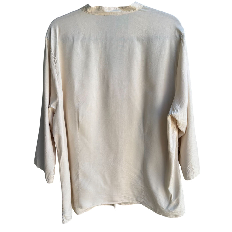 Notations Womens Silk Mandarin Collar Beige 3/4 Sleeve Button-Up Shirt Blouse 2X