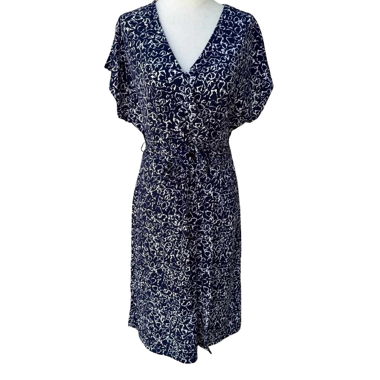 Nicole Miller Preppy Minimalist Abstract Print Faux Wrap Jersey Dress Navy M
