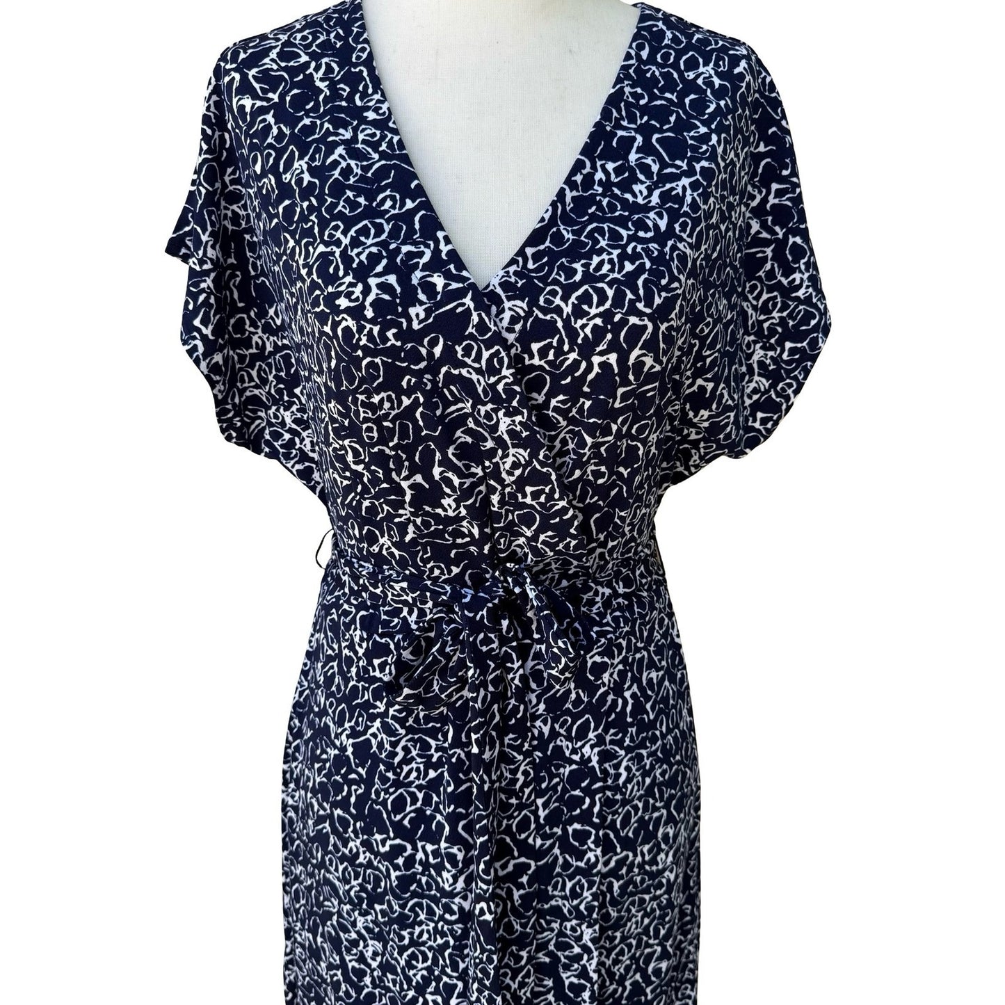 Nicole Miller Preppy Minimalist Abstract Print Faux Wrap Jersey Dress Navy M