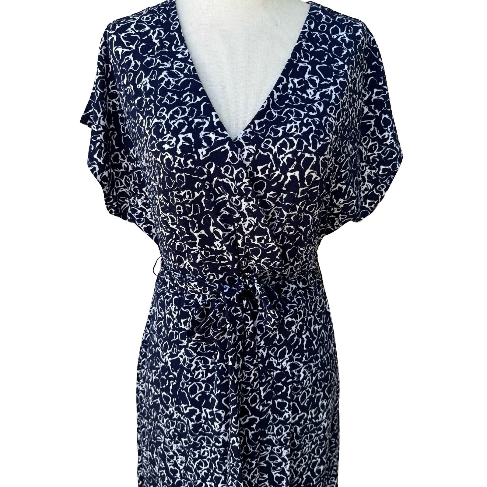 Nicole Miller Preppy Minimalist Abstract Print Faux Wrap Jersey Dress Navy M