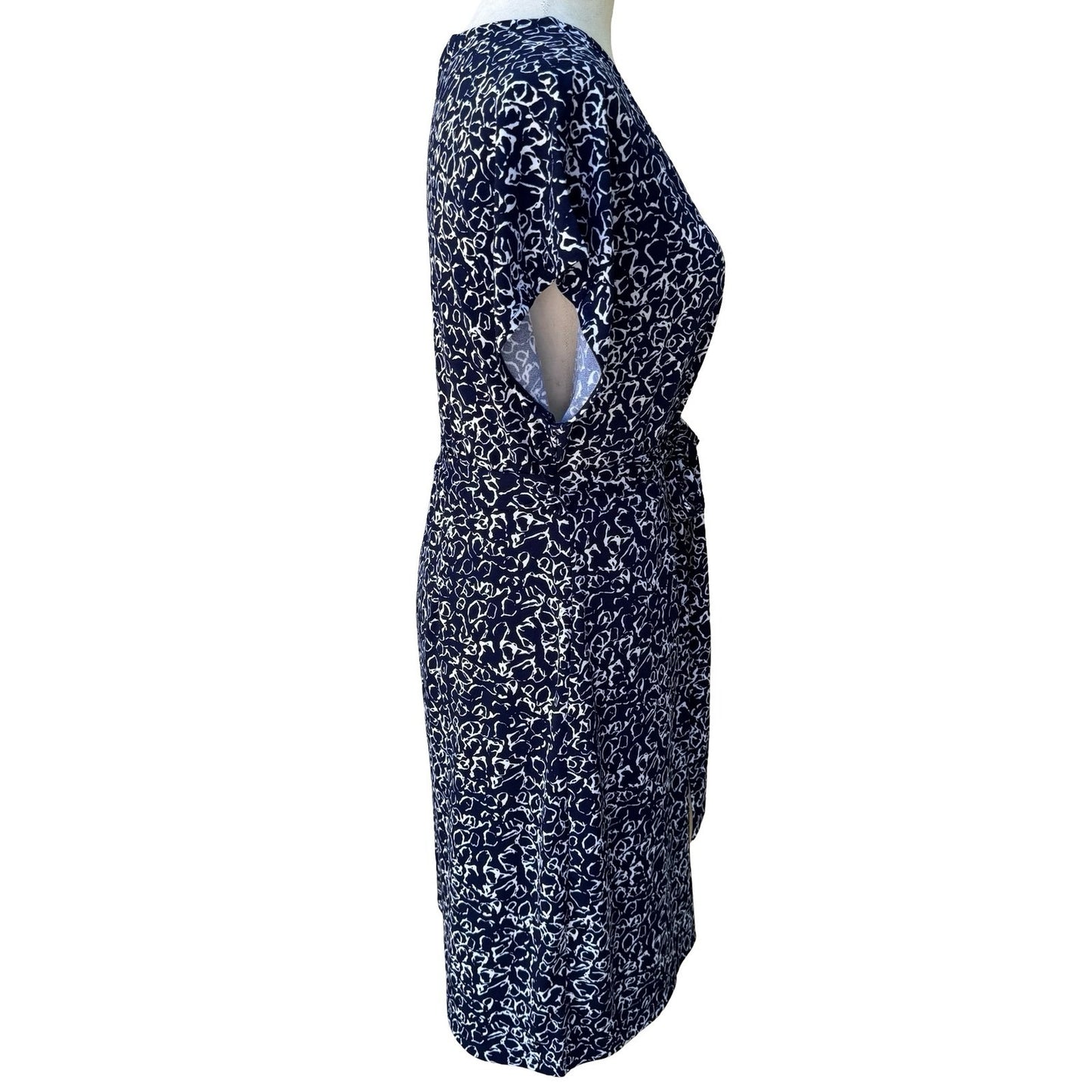 Nicole Miller Preppy Minimalist Abstract Print Faux Wrap Jersey Dress Navy M