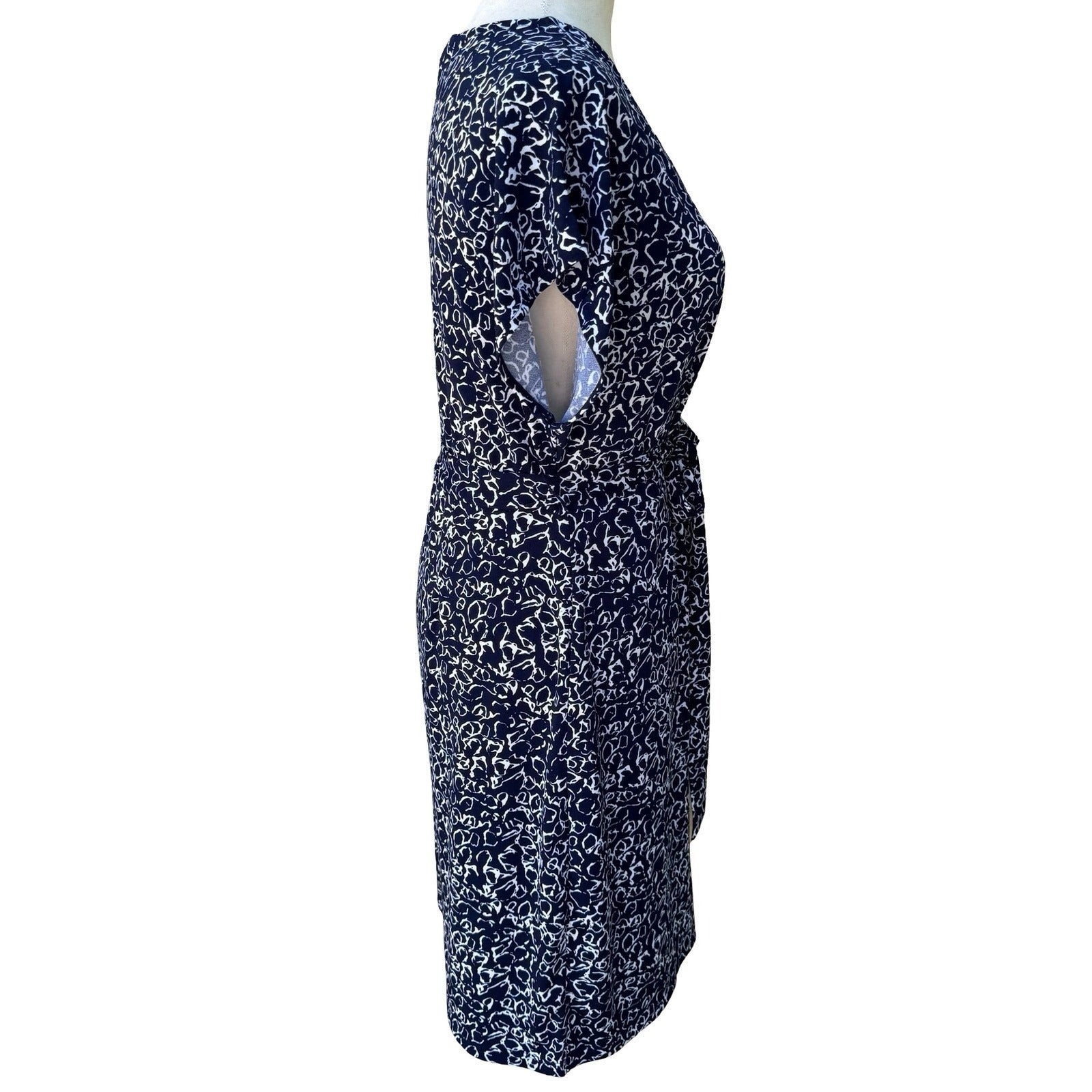 Nicole Miller Preppy Minimalist Abstract Print Faux Wrap Jersey Dress Navy M