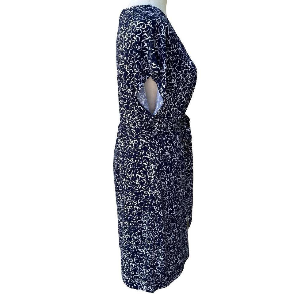 Nicole Miller Preppy Minimalist Abstract Print Faux Wrap Jersey Dress Navy M