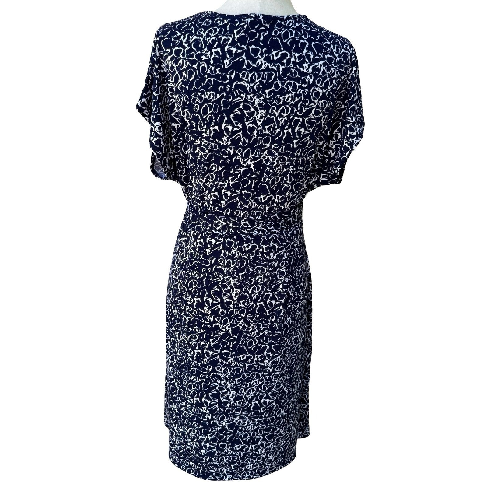 Nicole Miller Preppy Minimalist Abstract Print Faux Wrap Jersey Dress Navy M
