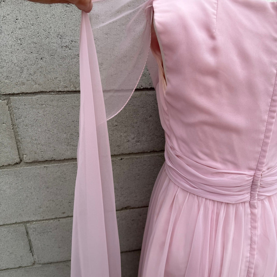 Miss Elliette California Vintage 60s Pink Chiffon Grecian Maxi Dress 2577 Sze XS