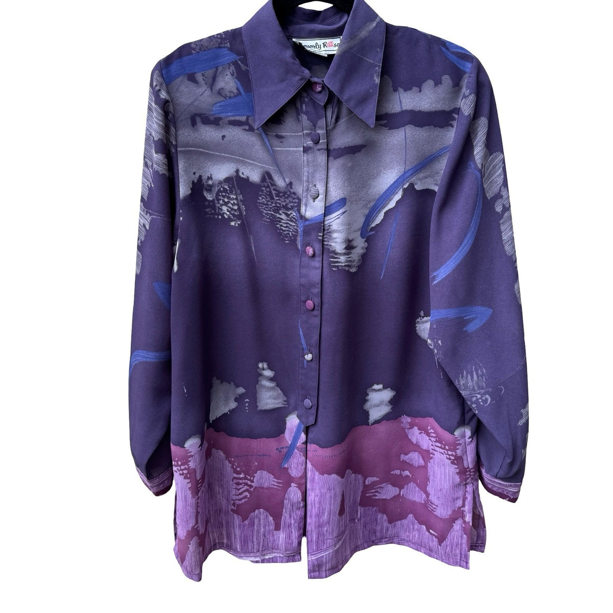 Beverly Rose Vintage 80s Art To Wear Purple Abstract Landscape Print Blouse L