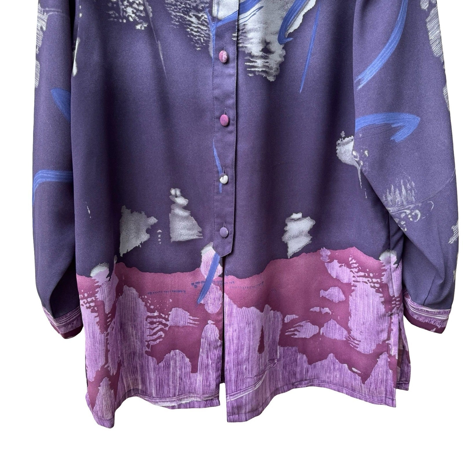 Beverly Rose Vintage 80s Art To Wear Purple Abstract Landscape Print Blouse L