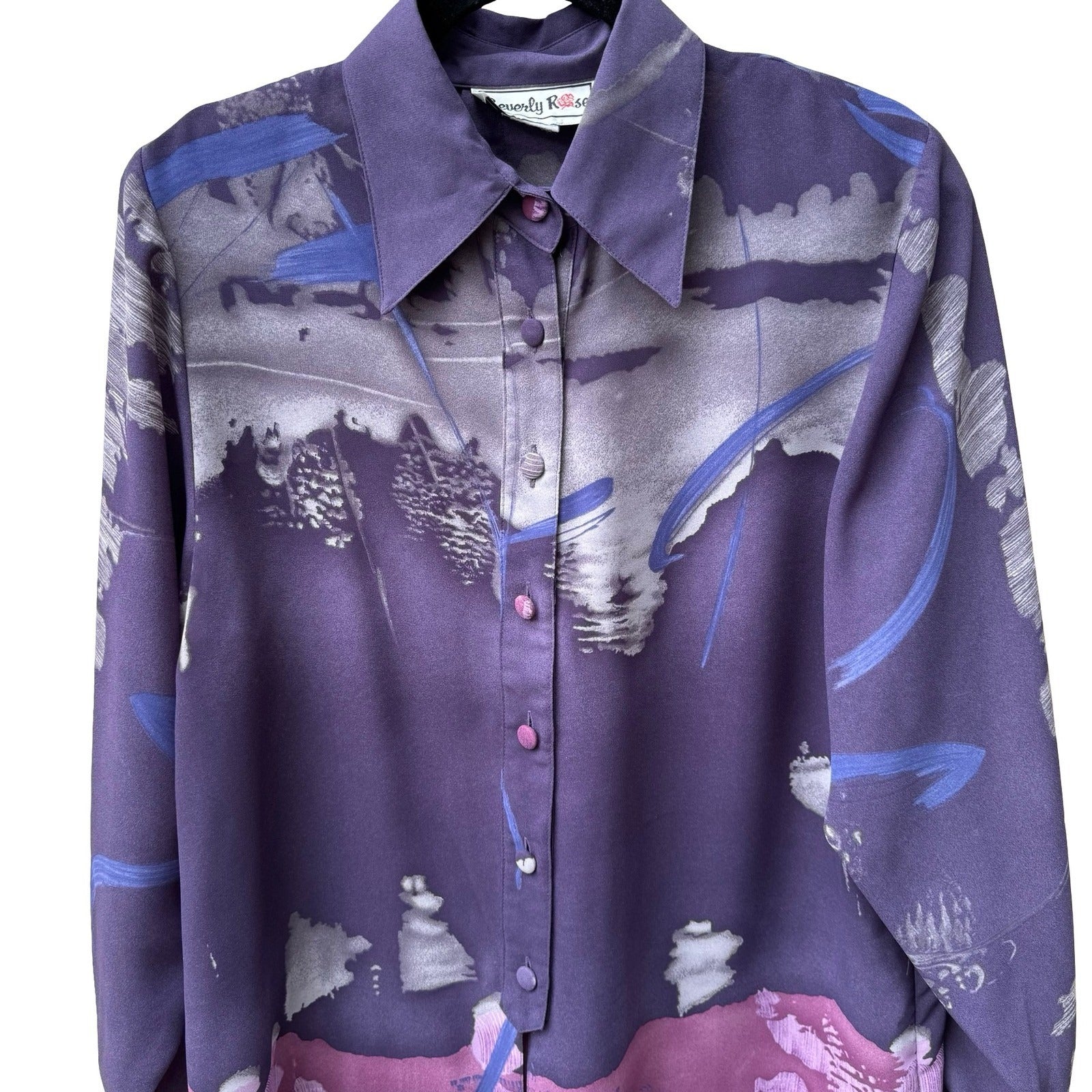 Beverly Rose Vintage 80s Art To Wear Purple Abstract Landscape Print Blouse L