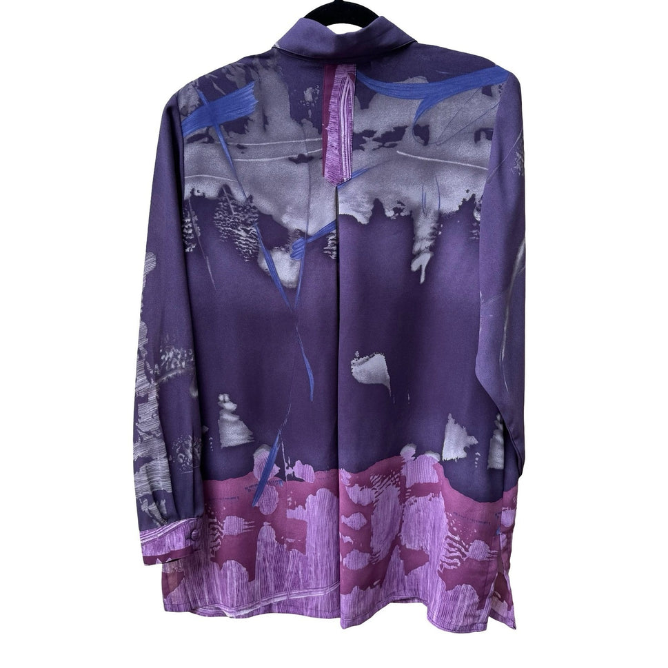 Beverly Rose Vintage 80s Art To Wear Purple Abstract Landscape Print Blouse L