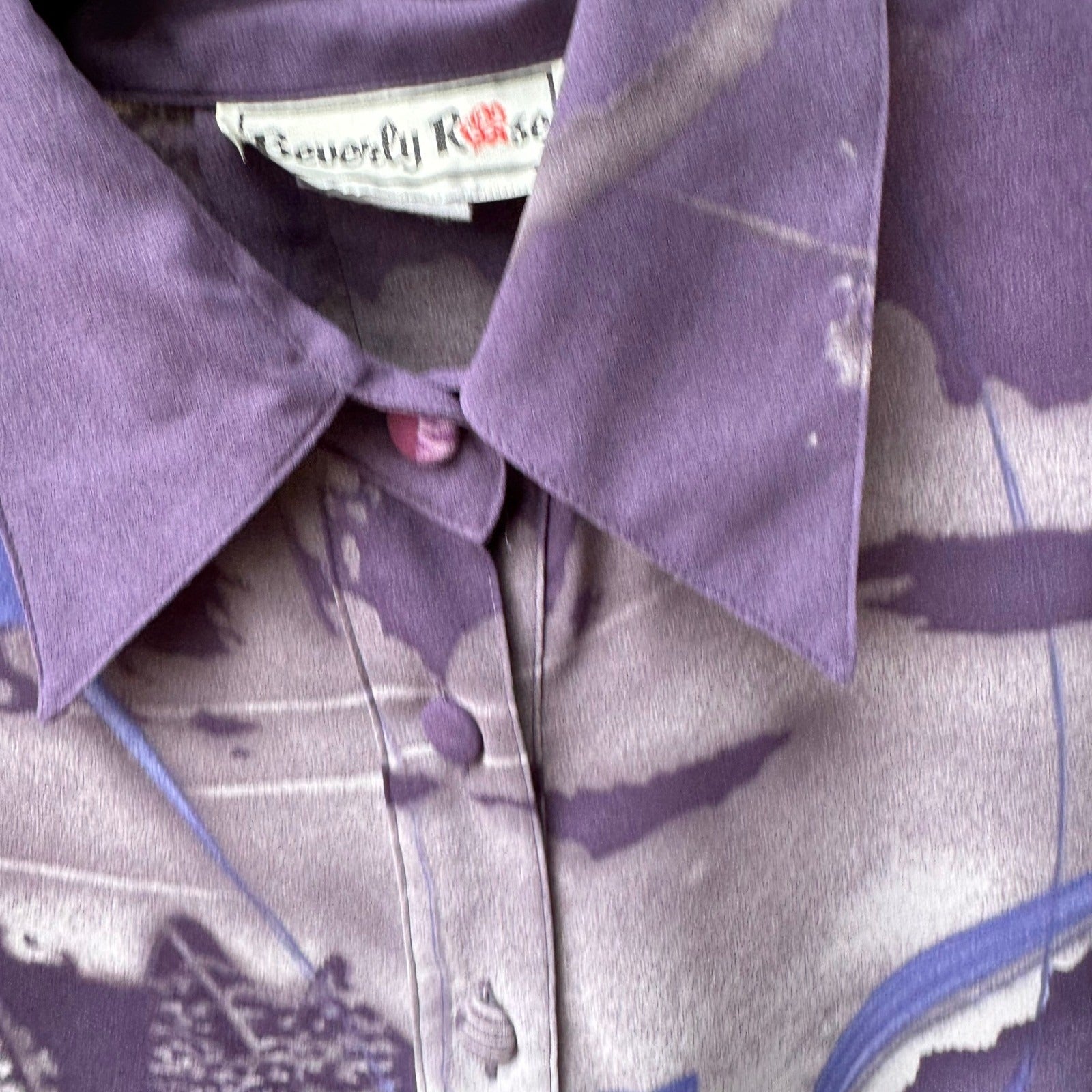 Beverly Rose Vintage 80s Art To Wear Purple Abstract Landscape Print Blouse L