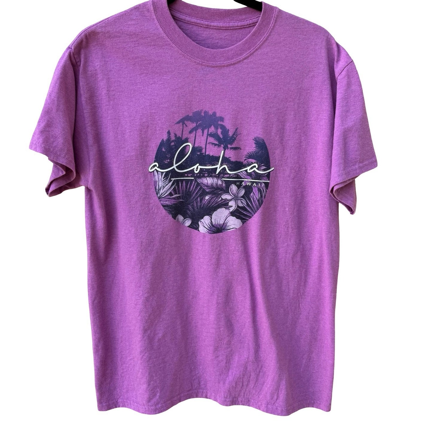 Aloha Hawaii Purple Graphic T-Shirt Tropical Palm Tree Hibiscus Tee Mens Medium
