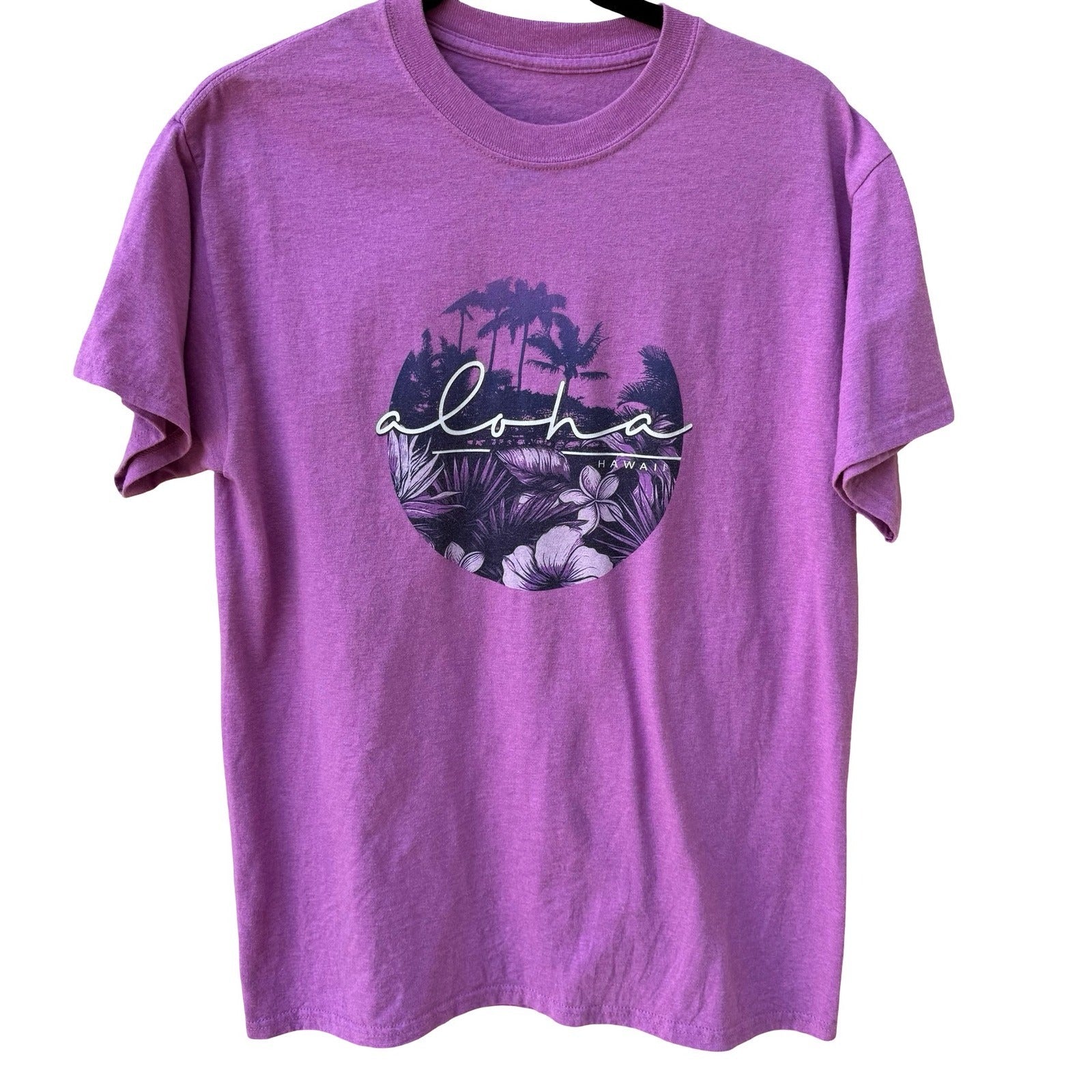 Aloha Hawaii Purple Graphic T-Shirt Tropical Palm Tree Hibiscus Tee Mens Medium