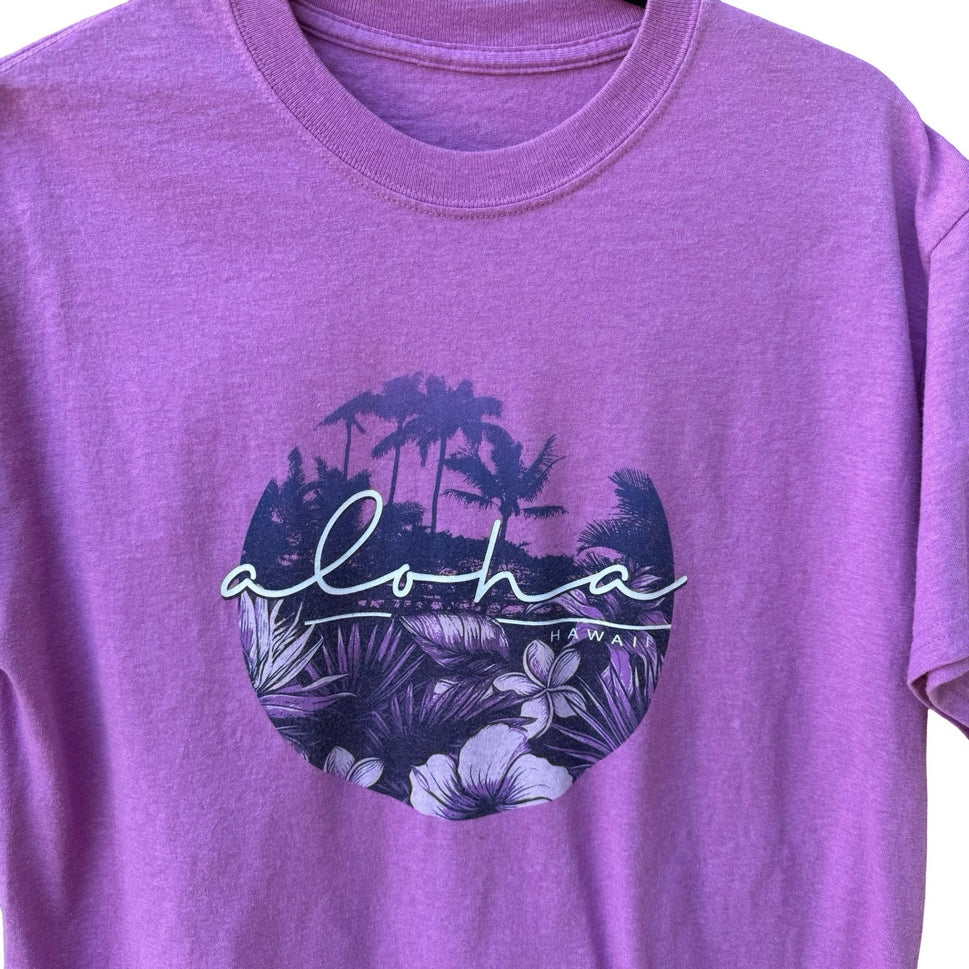 Aloha Hawaii Purple Graphic T-Shirt Tropical Palm Tree Hibiscus Tee Mens Medium