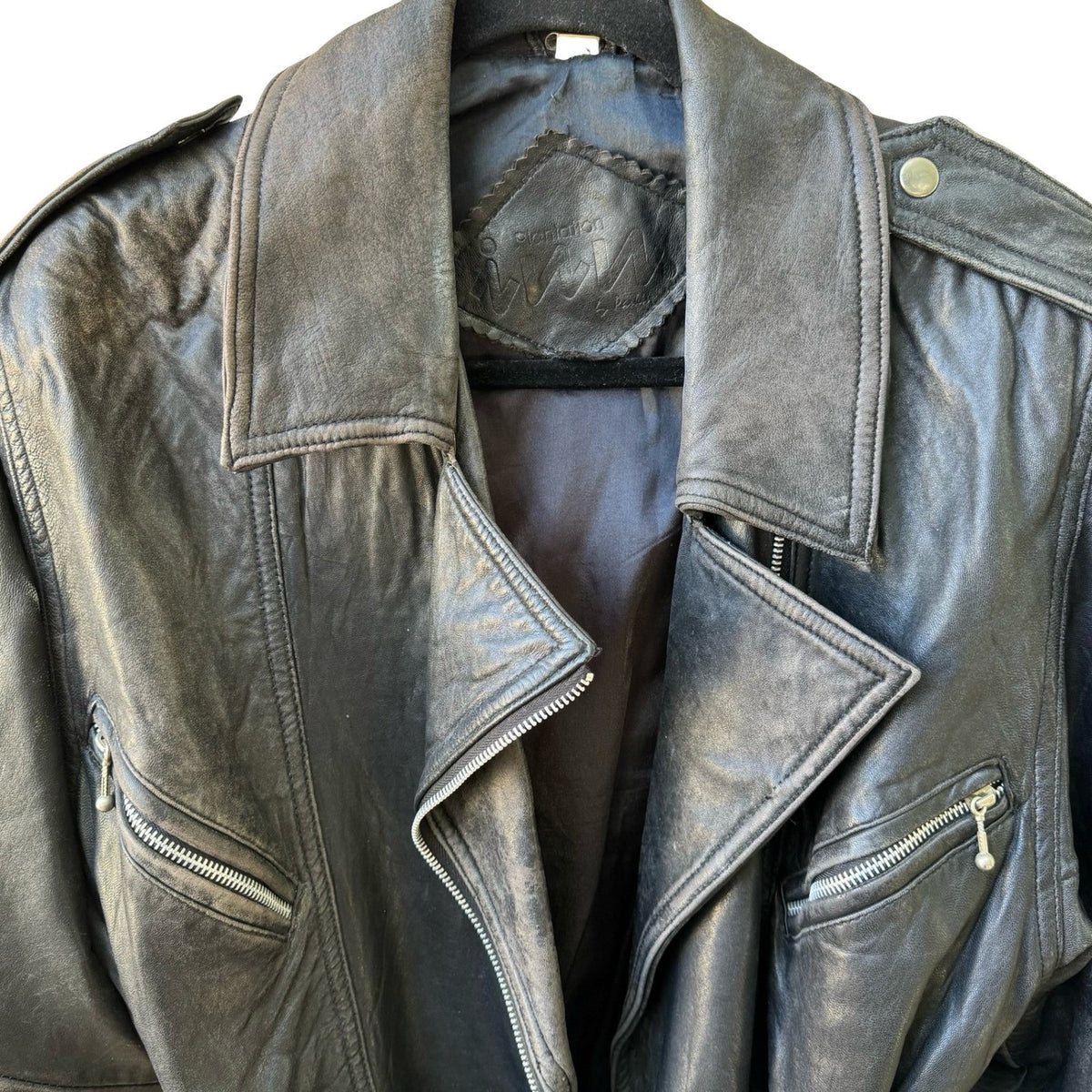 Plantation Vintage Grunge Rocker Belted Distressed Biker Moto Jacket ZIPPER FLAW