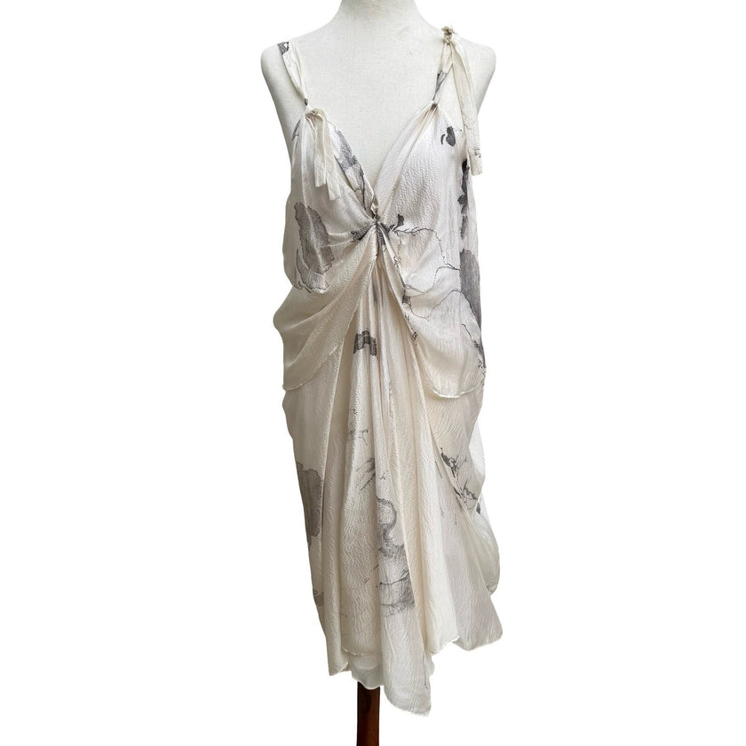 Sharon Wauchob French Silk Ethereal Avant Garde Draped Midi Dress Abstract Print