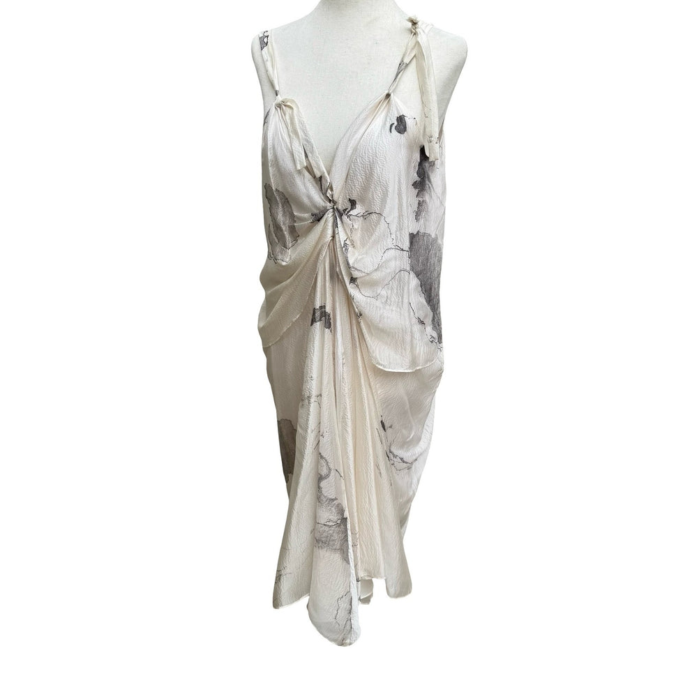 Sharon Wauchob French Silk Ethereal Avant Garde Draped Midi Dress Abstract Print