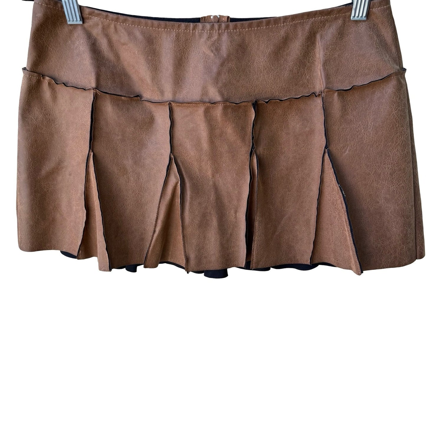 Picasso Y2K Grunge Punk Faux Leather Raw Edge Paneled Pleated Mini Skirt Brown L