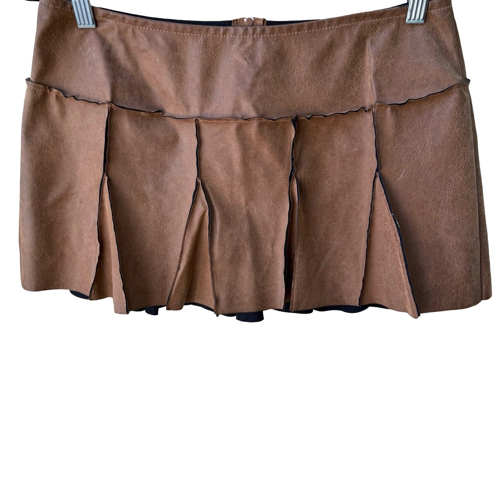 Picasso Y2K Grunge Punk Faux Leather Raw Edge Paneled Pleated Mini Skirt Brown L