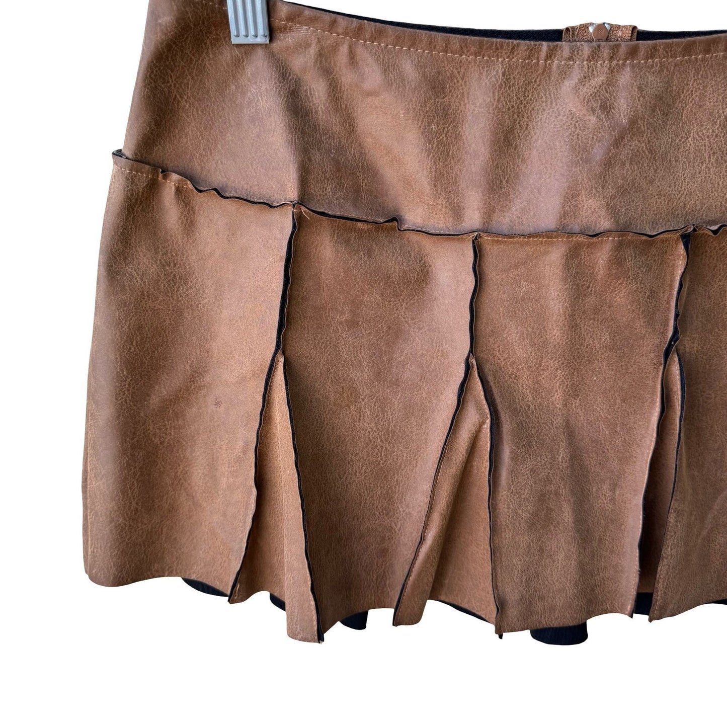 Picasso Y2K Grunge Punk Faux Leather Raw Edge Paneled Pleated Mini Skirt Brown L