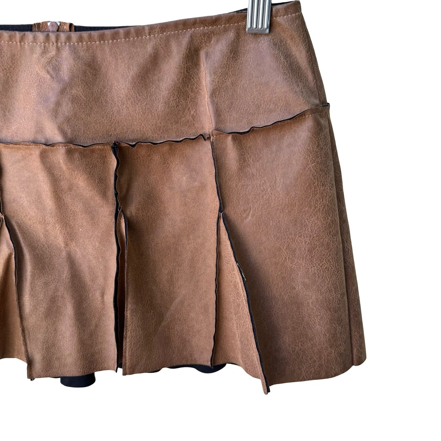 Picasso Y2K Grunge Punk Faux Leather Raw Edge Paneled Pleated Mini Skirt Brown L