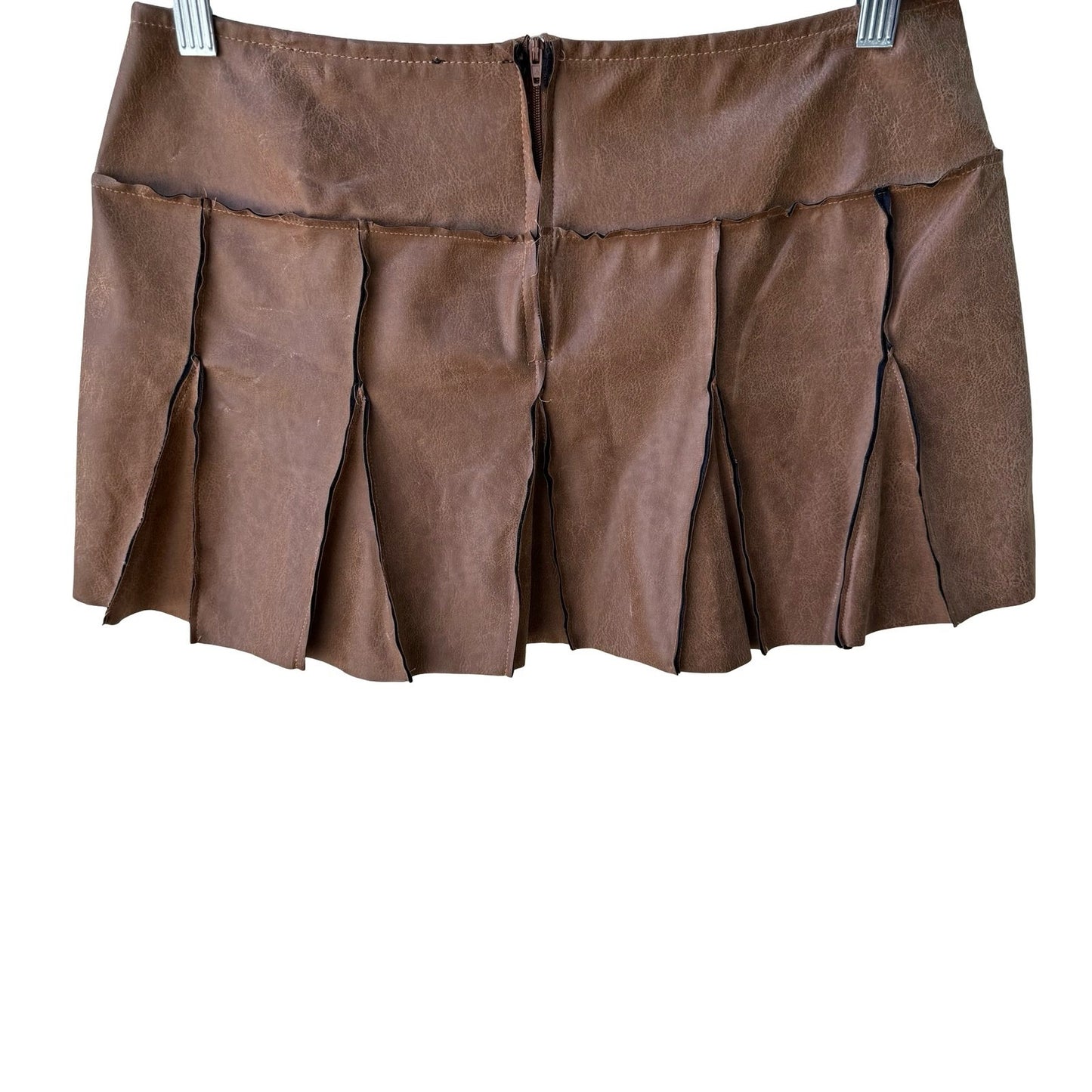 Picasso Y2K Grunge Punk Faux Leather Raw Edge Paneled Pleated Mini Skirt Brown L