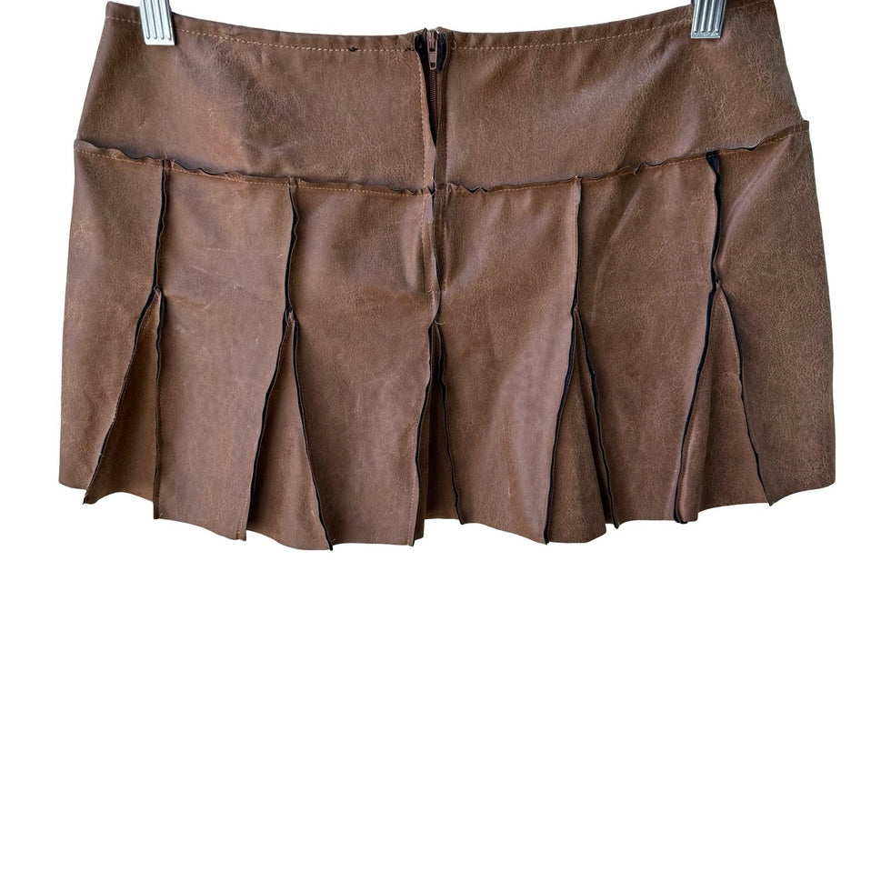Picasso Y2K Grunge Punk Faux Leather Raw Edge Paneled Pleated Mini Skirt Brown L