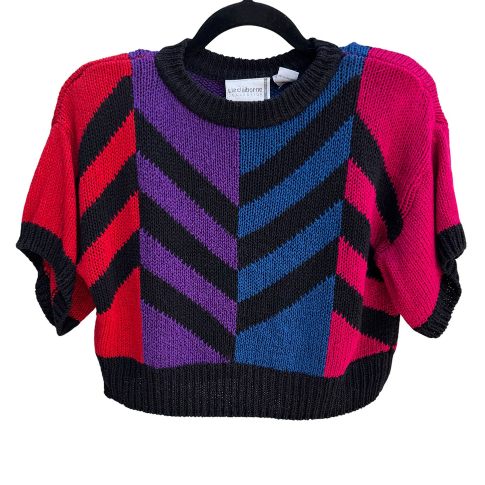 Liz Claiborne Petite Vintage Cropped Chevron Short Sleeve Silk Blend Sweater P
