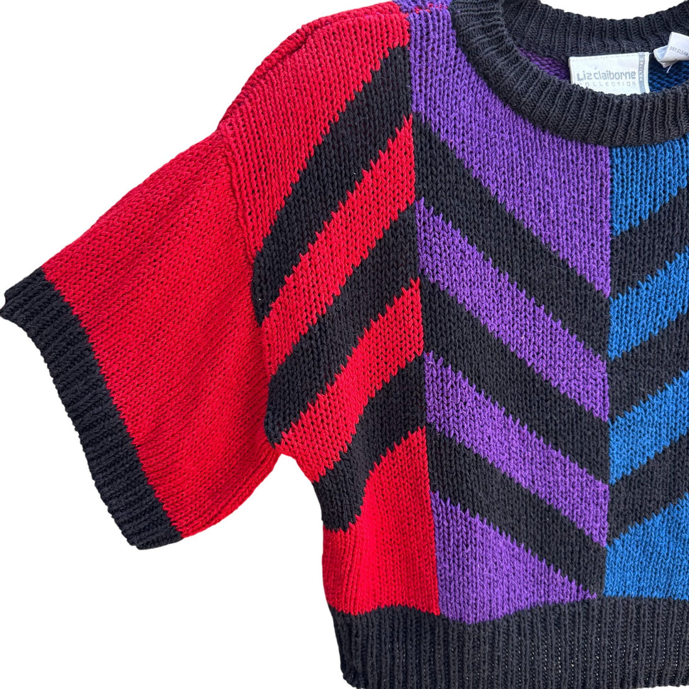 Liz Claiborne Petite Vintage Cropped Chevron Short Sleeve Silk Blend Sweater P