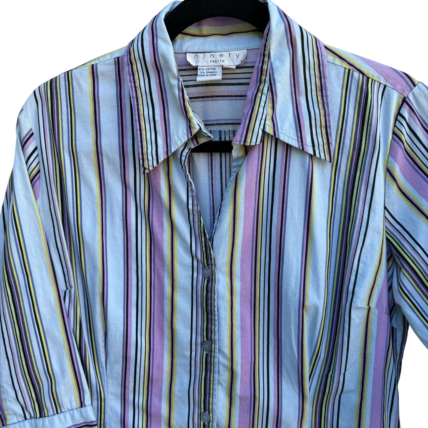 Ninety Petite Womens 3/4 Sleeve Collared Pastel Colors Striped Shirt Blouse L