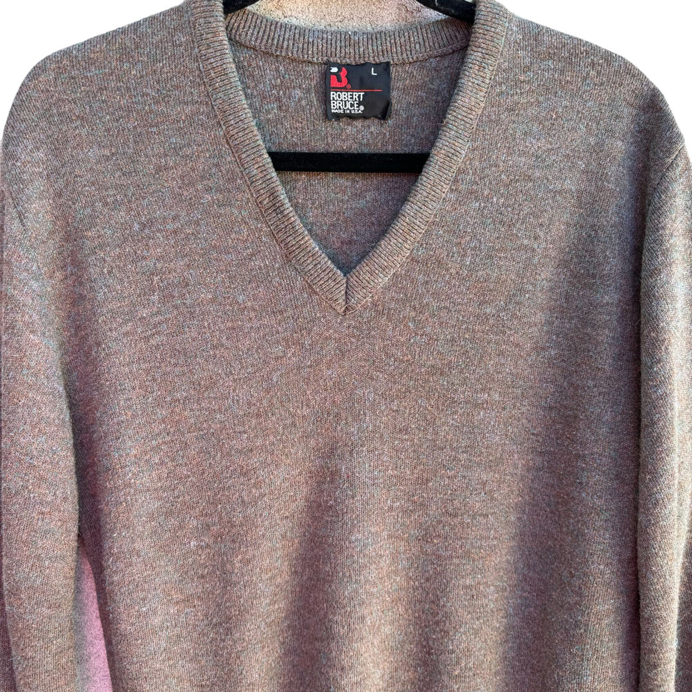 Robert Bruce Vintage Mens V-Neck Retro Marbled Brown Knit Grandpa Sweater Large