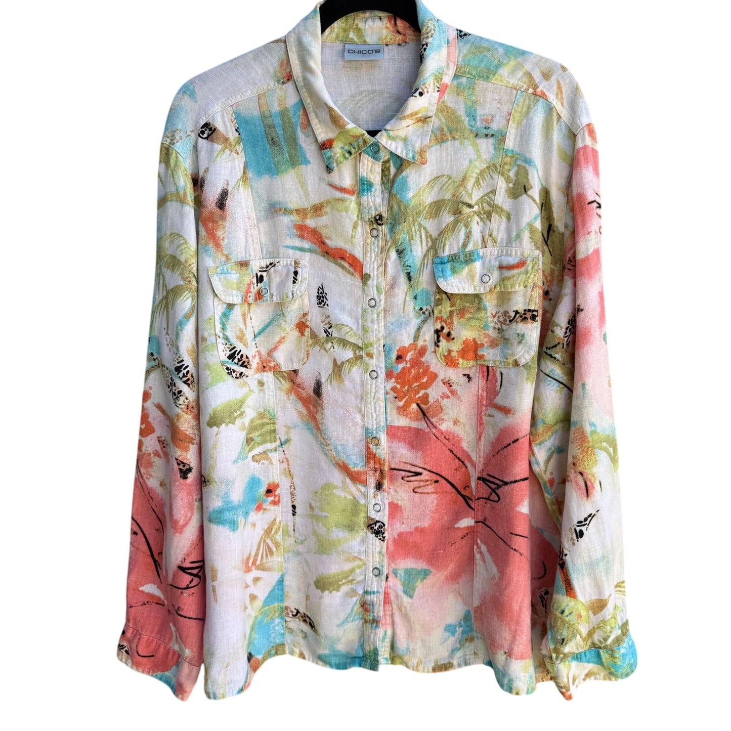 Chicos Vintage Womens Linen Pastel Floral Snap Button Long Sleeve Summer Shirt A