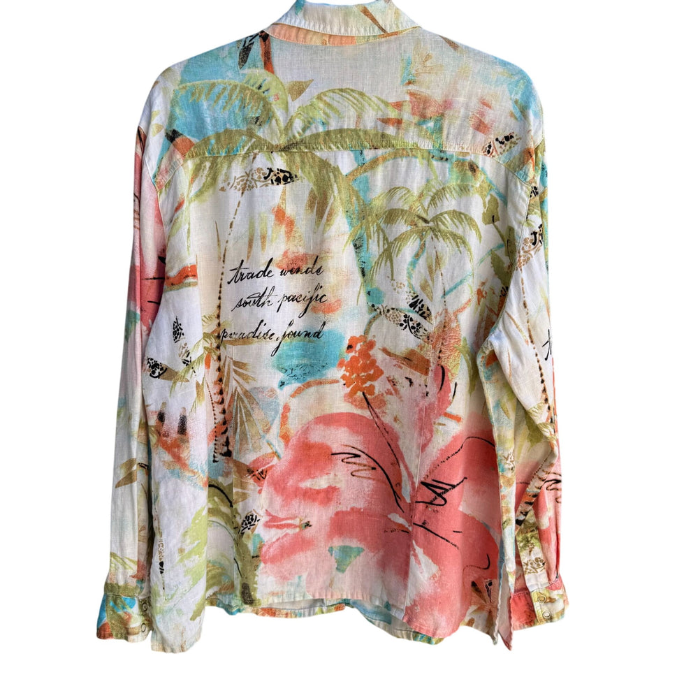 Chicos Vintage Womens Linen Pastel Floral Snap Button Long Sleeve Summer Shirt A