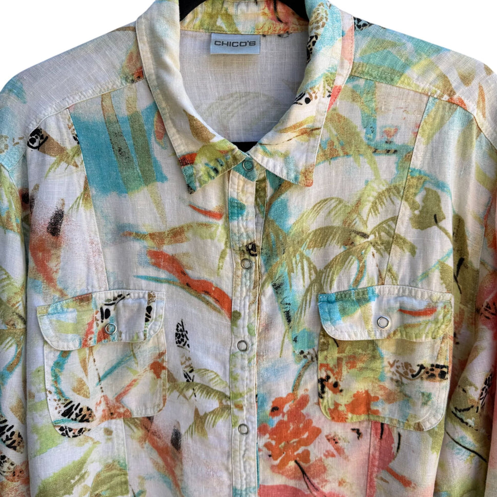 Chicos Vintage Womens Linen Pastel Floral Snap Button Long Sleeve Summer Shirt A