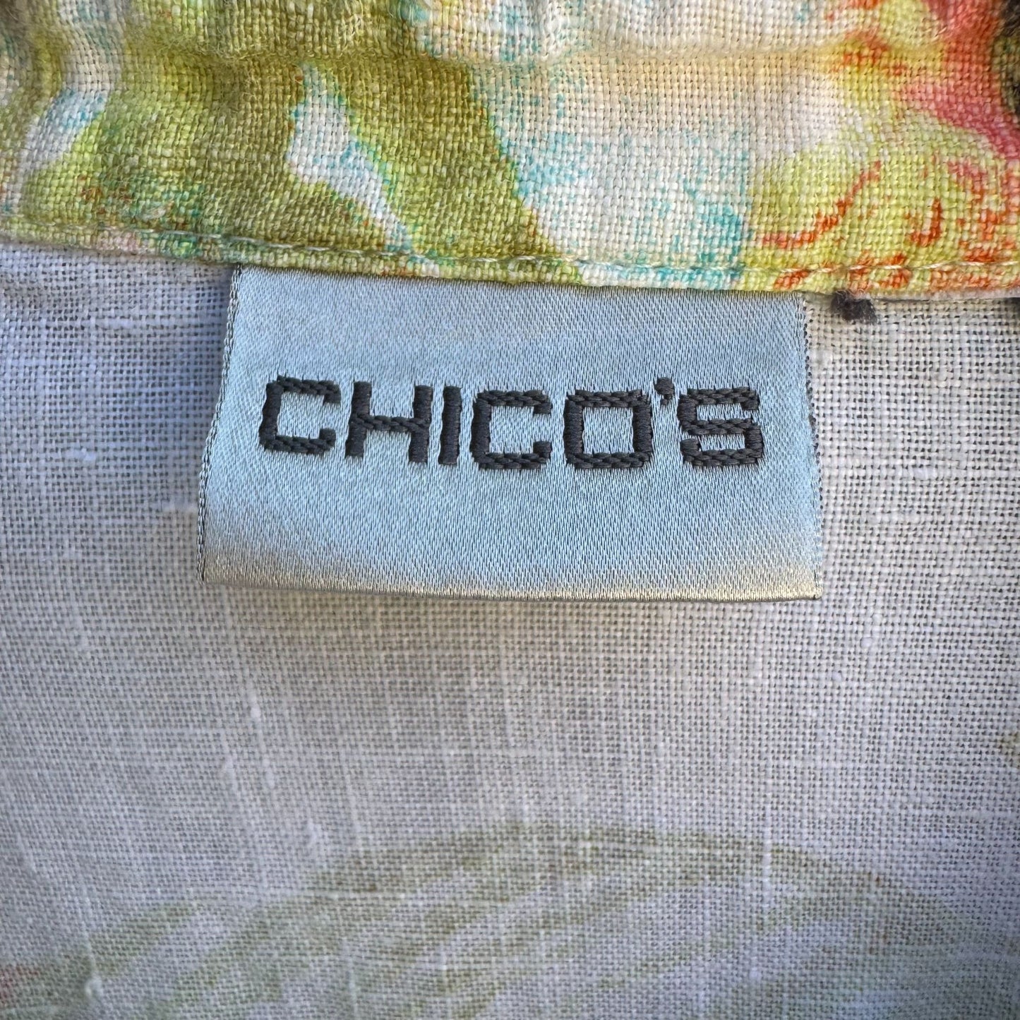 Chicos Vintage Womens Linen Pastel Floral Snap Button Long Sleeve Summer Shirt A