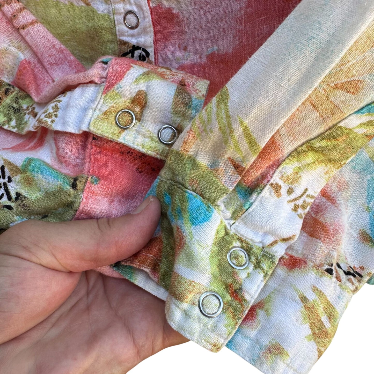 Chicos Vintage Womens Linen Pastel Floral Snap Button Long Sleeve Summer Shirt A