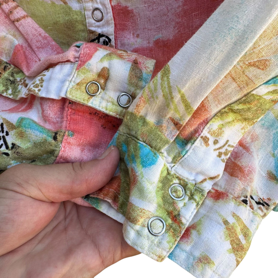 Chicos Vintage Womens Linen Pastel Floral Snap Button Long Sleeve Summer Shirt A